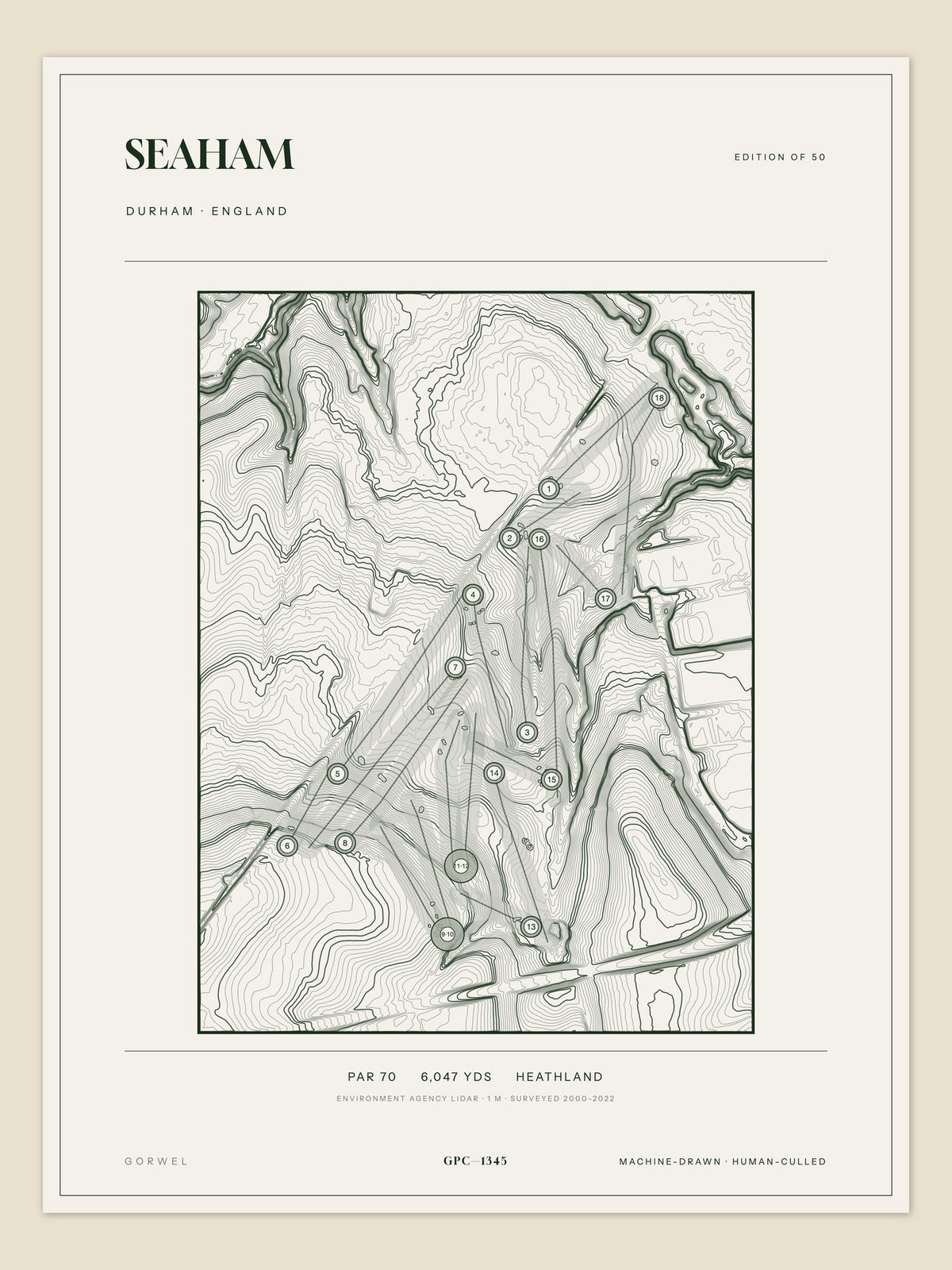 Seaham, Durham topographic golf course print