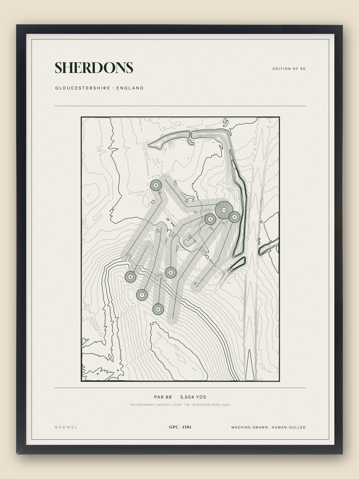 Sherdons, Gloucestershire topographic golf course print, framed — Gorwel Print Co
