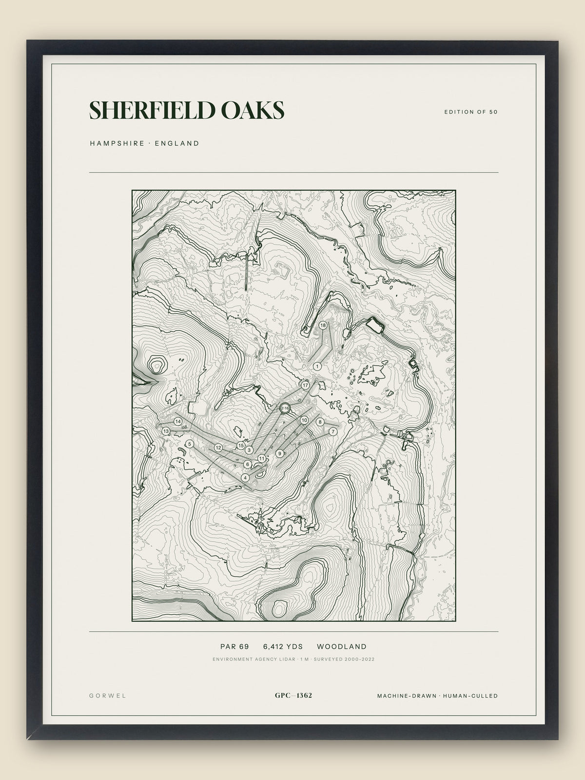 Sherfield Oaks, Hampshire topographic golf course print, framed — Gorwel Print Co
