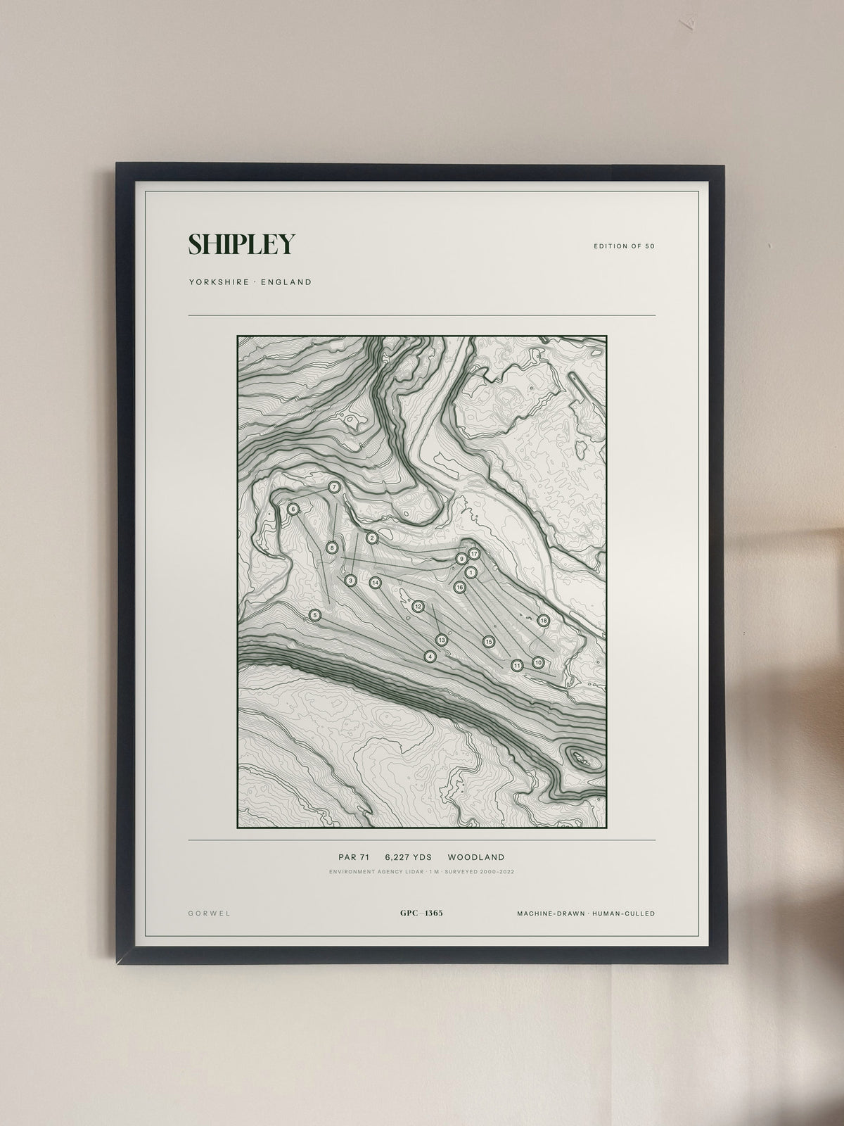 Shipley topographic golf course print — framed on a wall — Gorwel Print Co