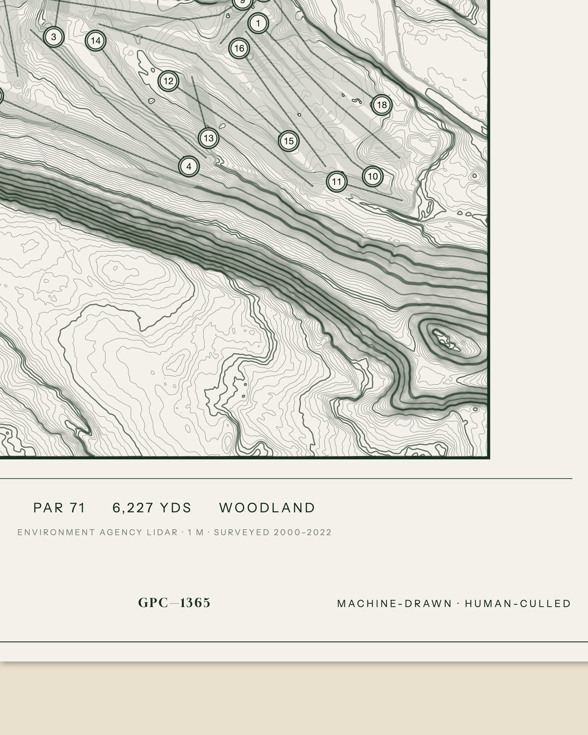 Shipley topographic golf course print — data strip and edition mark — Gorwel Print Co