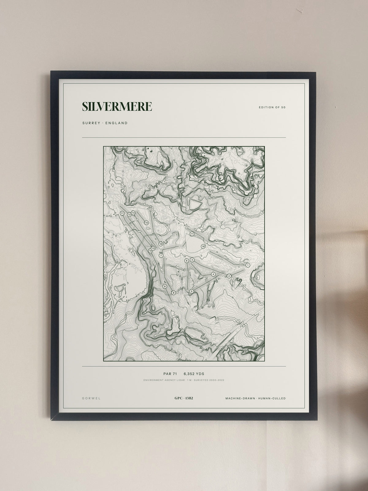 Silvermere topographic golf course print — framed on a wall — Gorwel Print Co