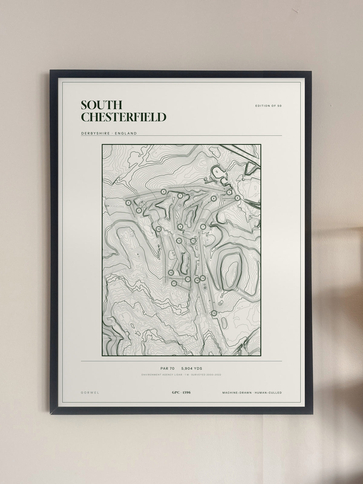 South Chesterfield topographic golf course print — framed on a wall — Gorwel Print Co