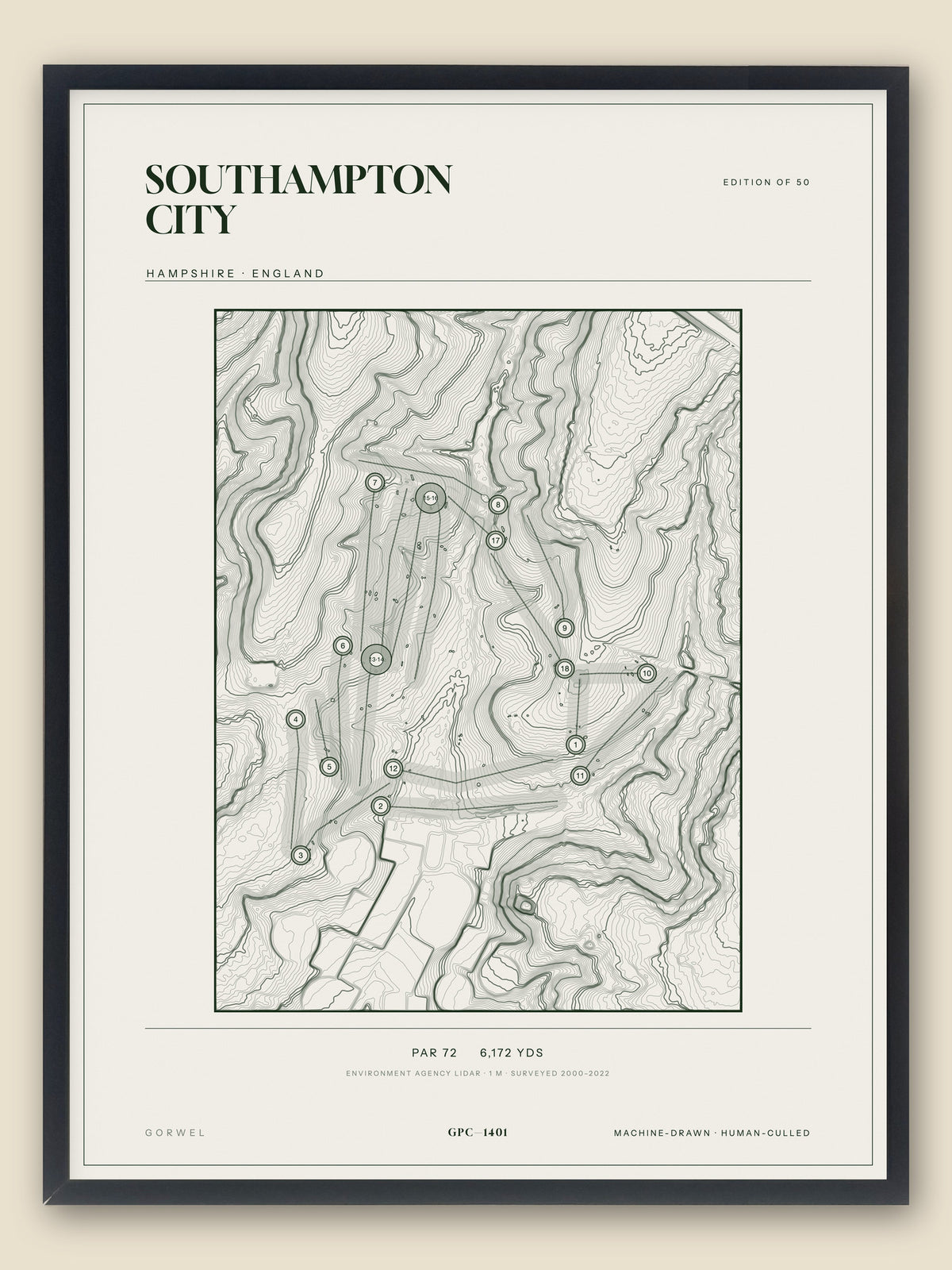 Southampton City, Hampshire topographic golf course print, framed — Gorwel Print Co