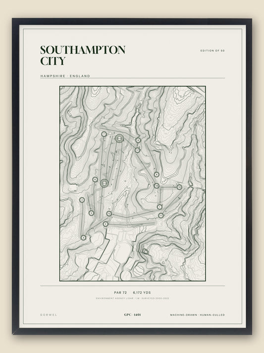 Southampton City, Hampshire topographic golf course print, framed — Gorwel Print Co