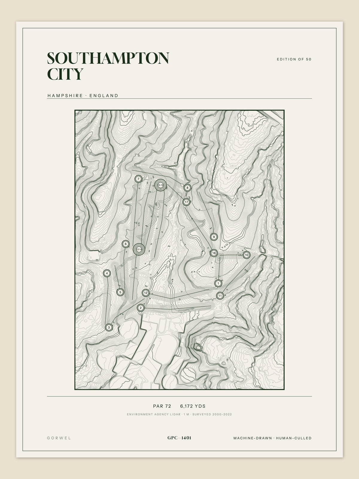 Southampton City, Hampshire topographic golf course print