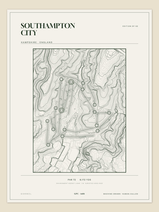 Southampton City, Hampshire topographic golf course print