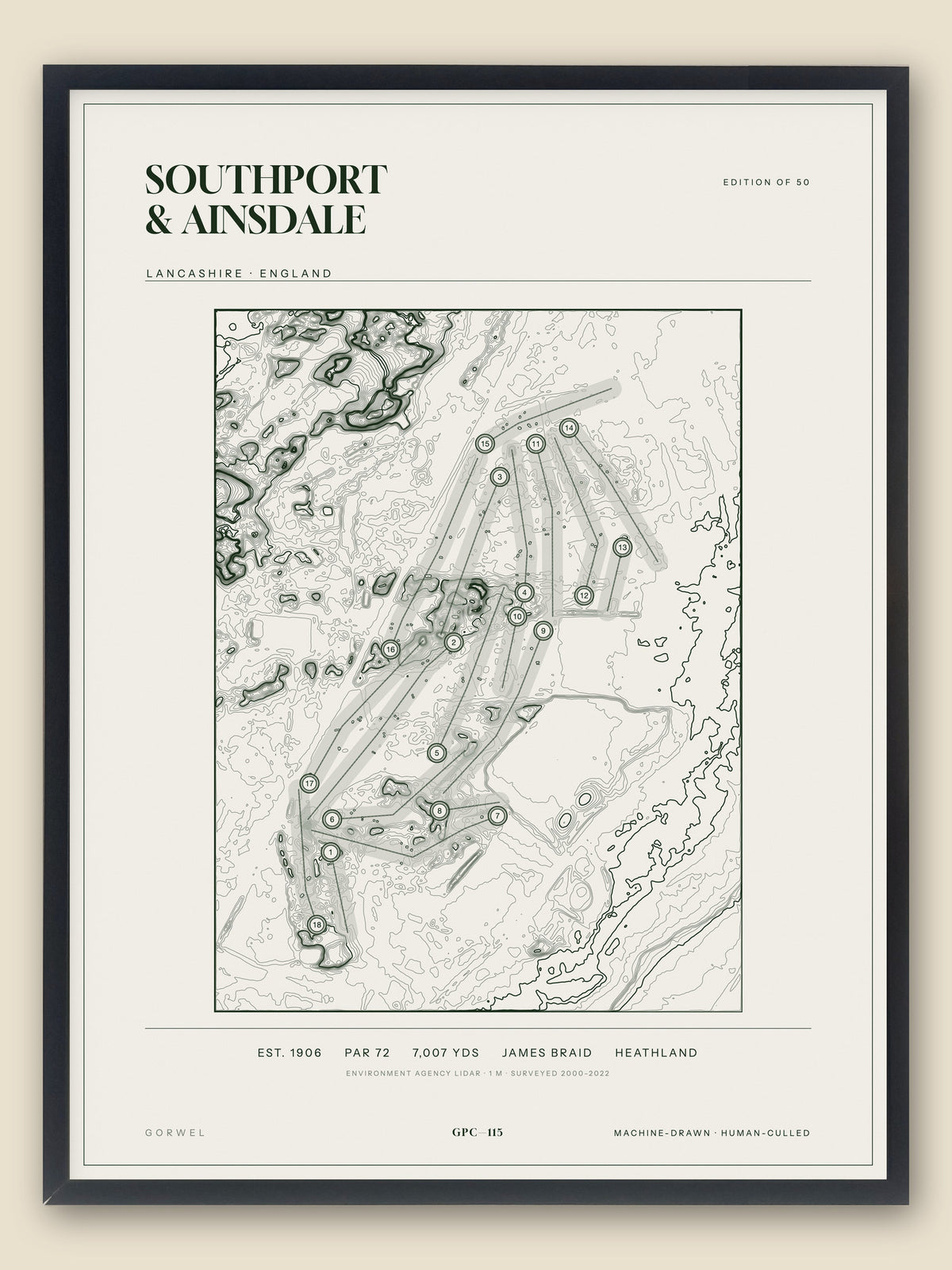 Southport & Ainsdale, Lancashire topographic golf course print, framed — Gorwel Print Co