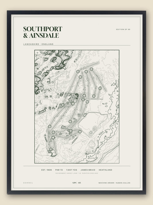 Southport & Ainsdale, Lancashire topographic golf course print, framed — Gorwel Print Co