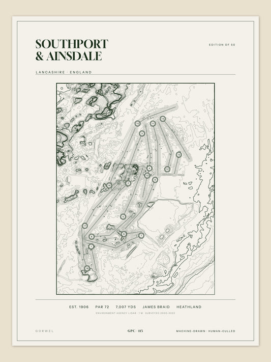 Southport & Ainsdale, Lancashire topographic golf course print
