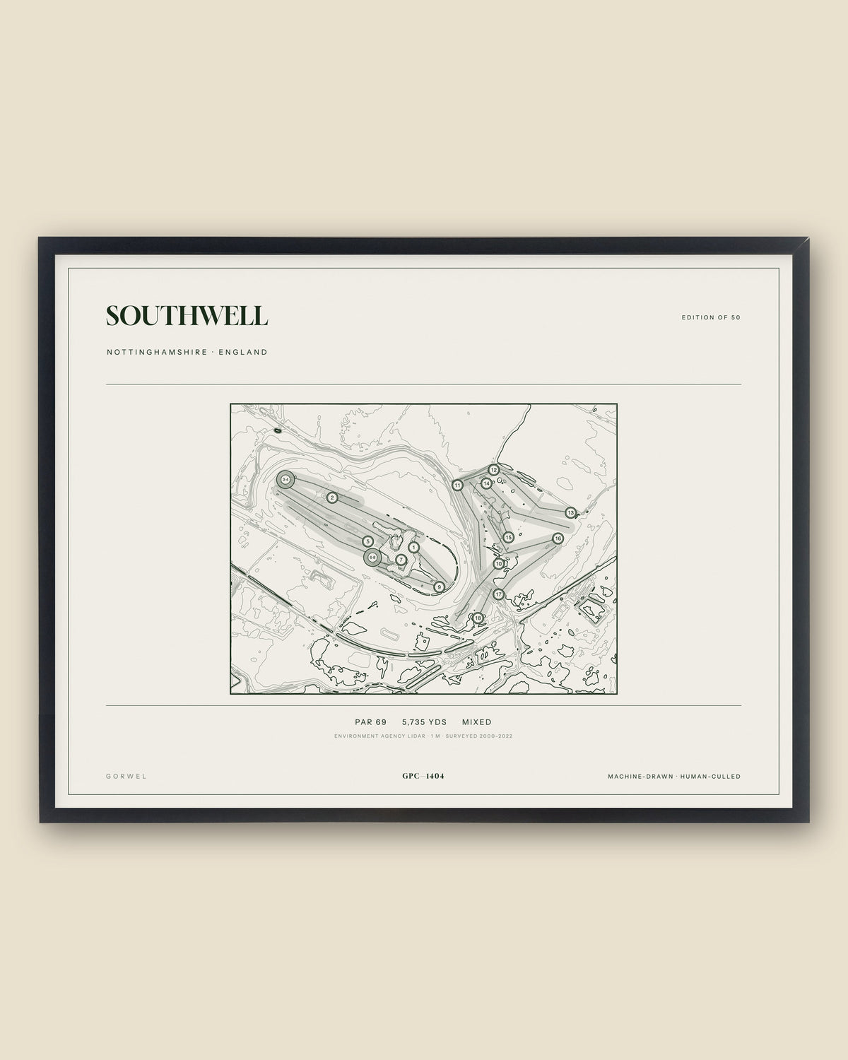 Southwell, Nottinghamshire topographic golf course print, framed — Gorwel Print Co