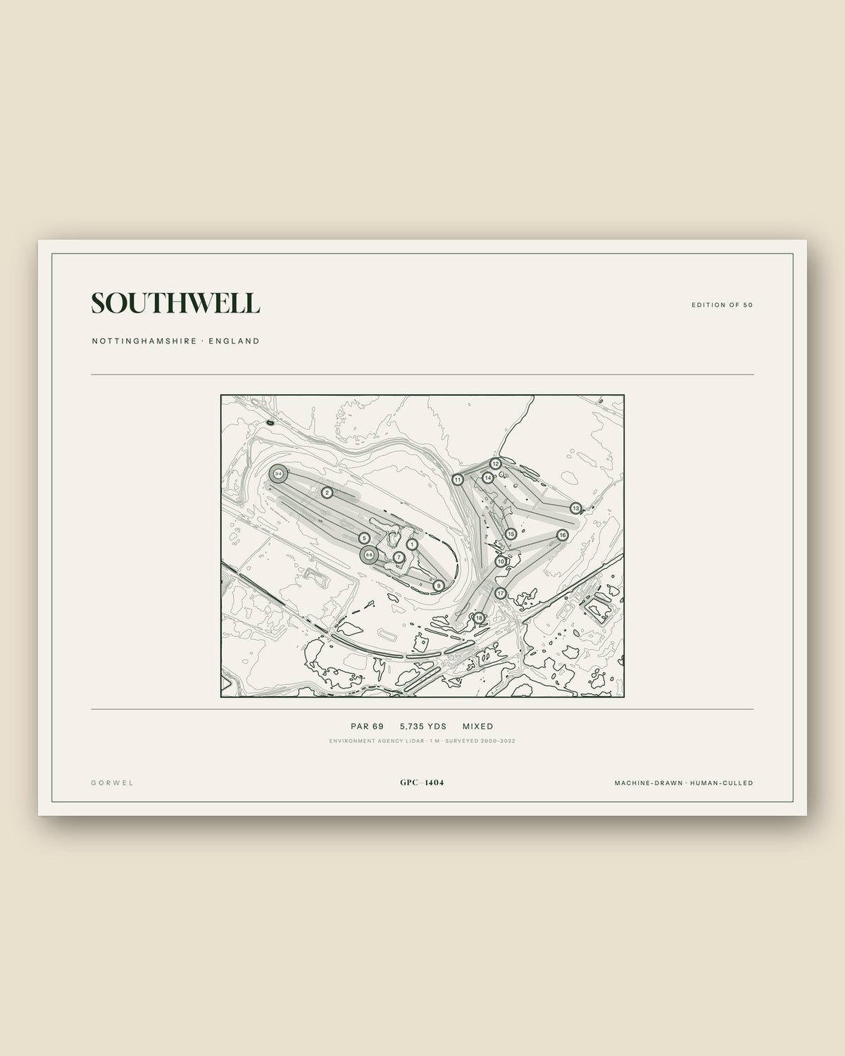 Southwell, Nottinghamshire topographic golf course print
