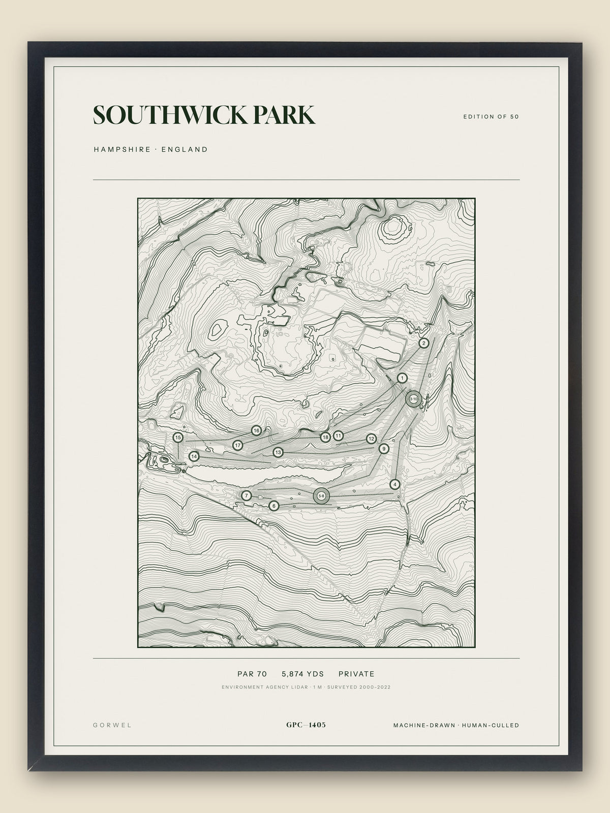 Southwick Park, Hampshire topographic golf course print, framed — Gorwel Print Co