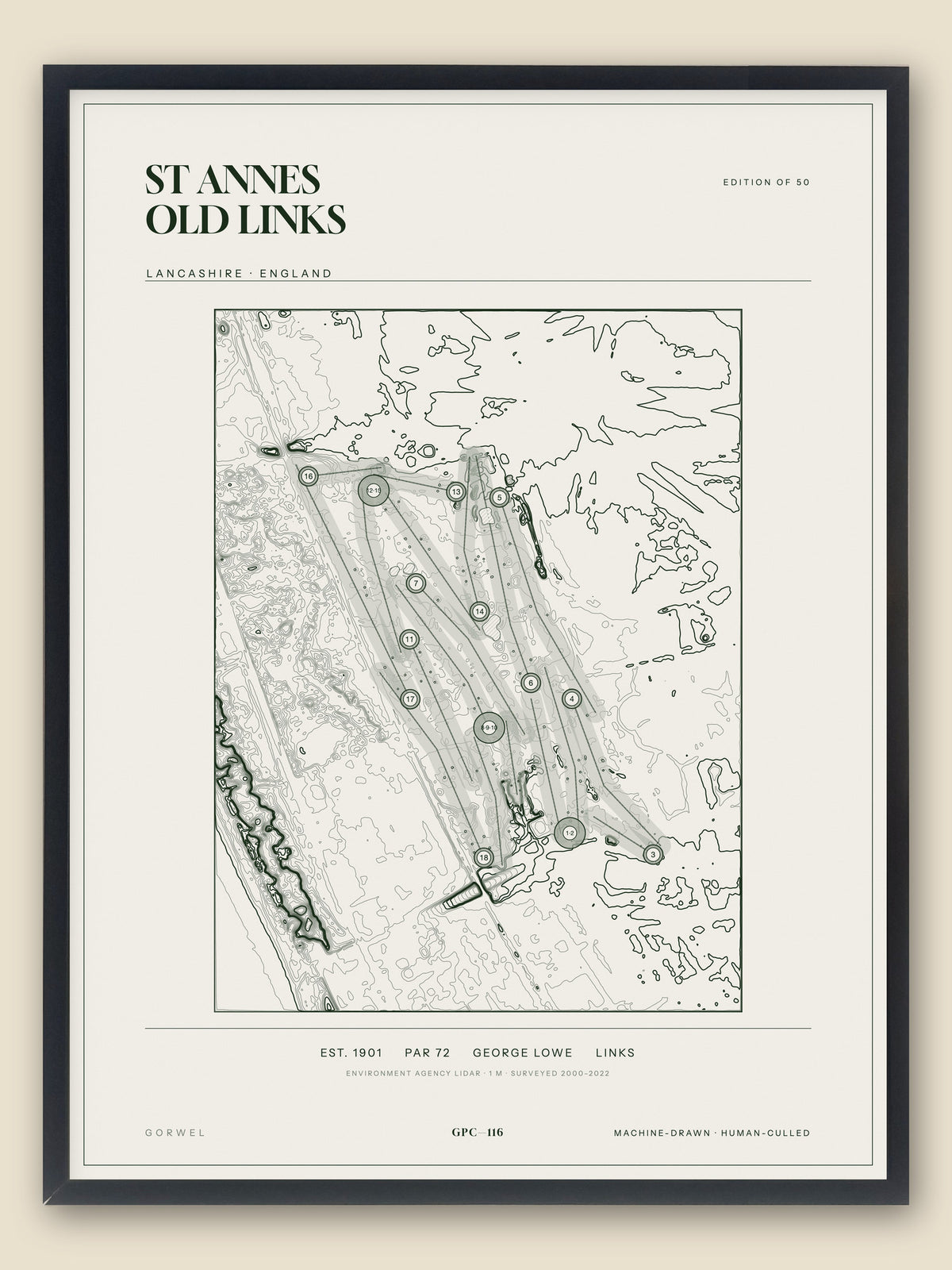 St Annes Old Links, Lancashire topographic golf course print, framed — Gorwel Print Co