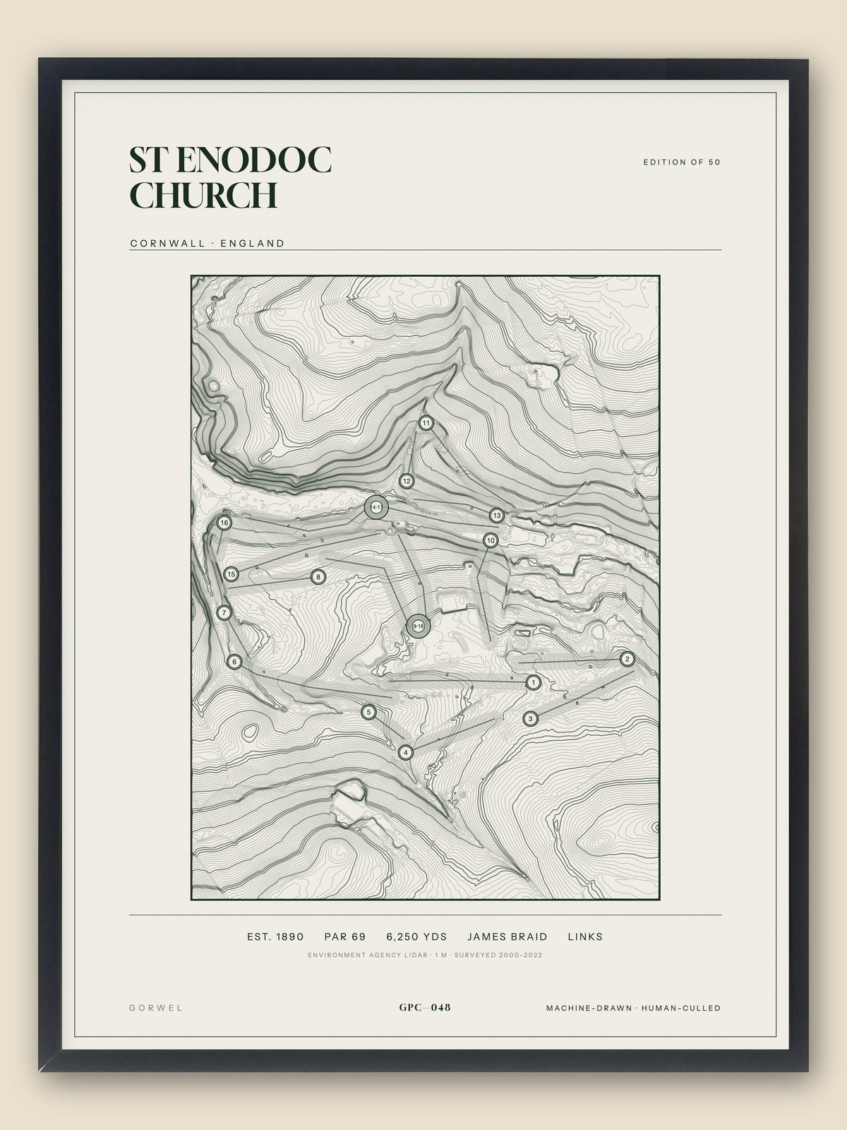 St Enodoc Church, Cornwall topographic golf course print, framed — Gorwel Print Co