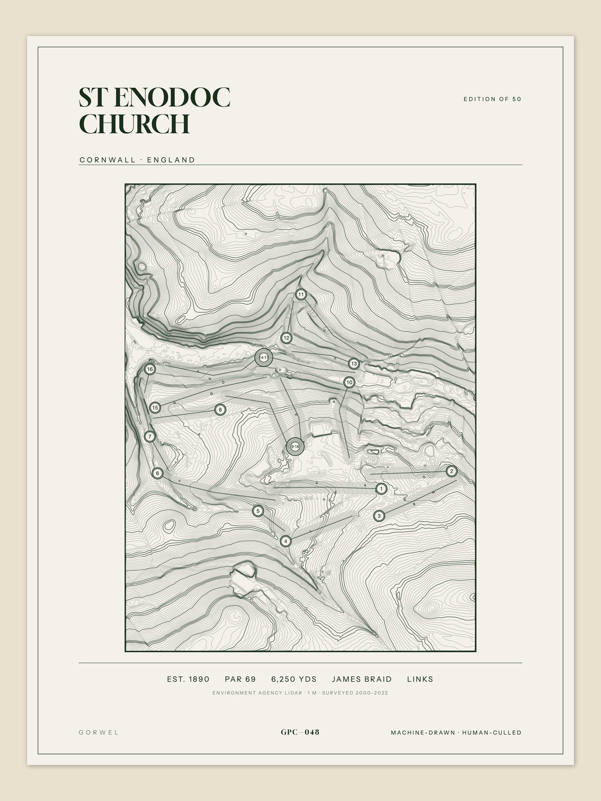St Enodoc Church, Cornwall topographic golf course print