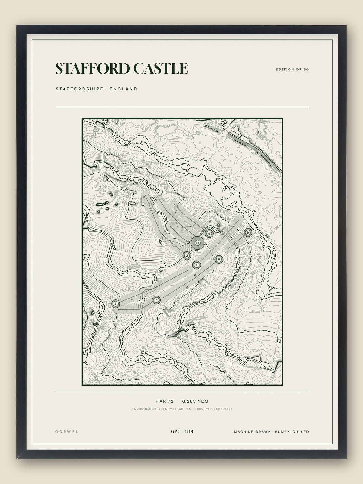 Stafford Castle, Staffordshire topographic golf course print, framed — Gorwel Print Co