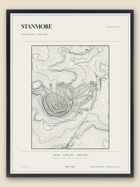 Stanmore, Middlesex topographic golf course print, framed — Gorwel Print Co