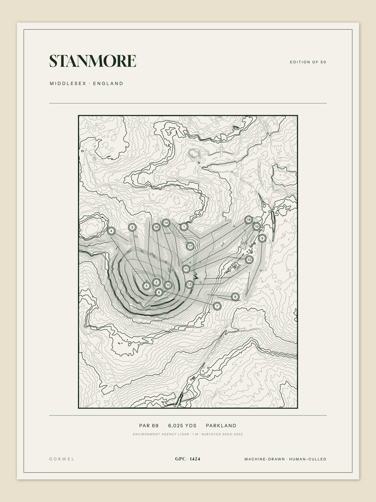 Stanmore, Middlesex topographic golf course print