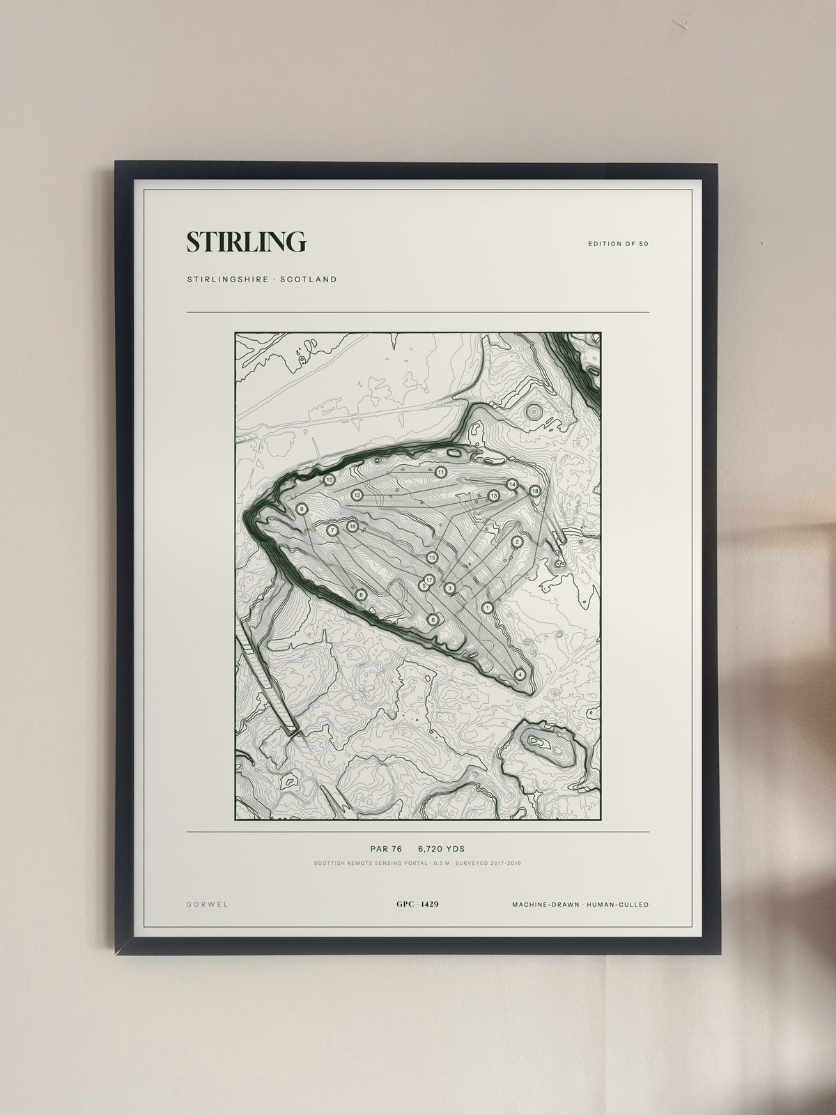 Stirling topographic golf course print — framed on a wall — Gorwel Print Co