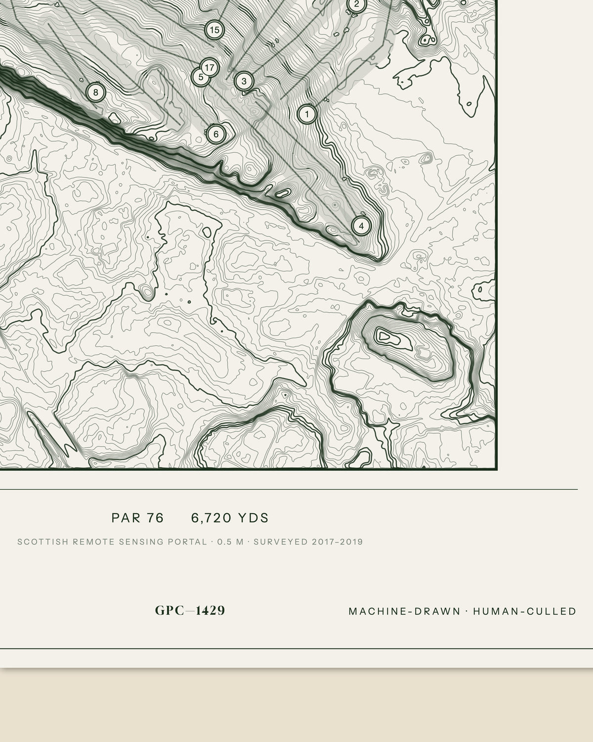 Stirling topographic golf course print — data strip and edition mark — Gorwel Print Co