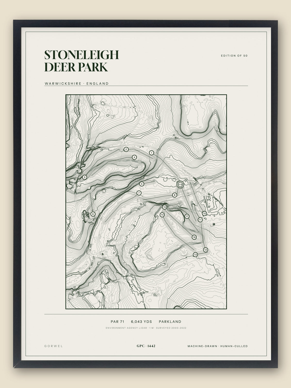 Stoneleigh Deer Park, Warwickshire topographic golf course print, framed — Gorwel Print Co