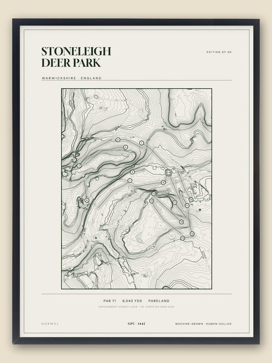 Stoneleigh Deer Park, Warwickshire topographic golf course print, framed — Gorwel Print Co