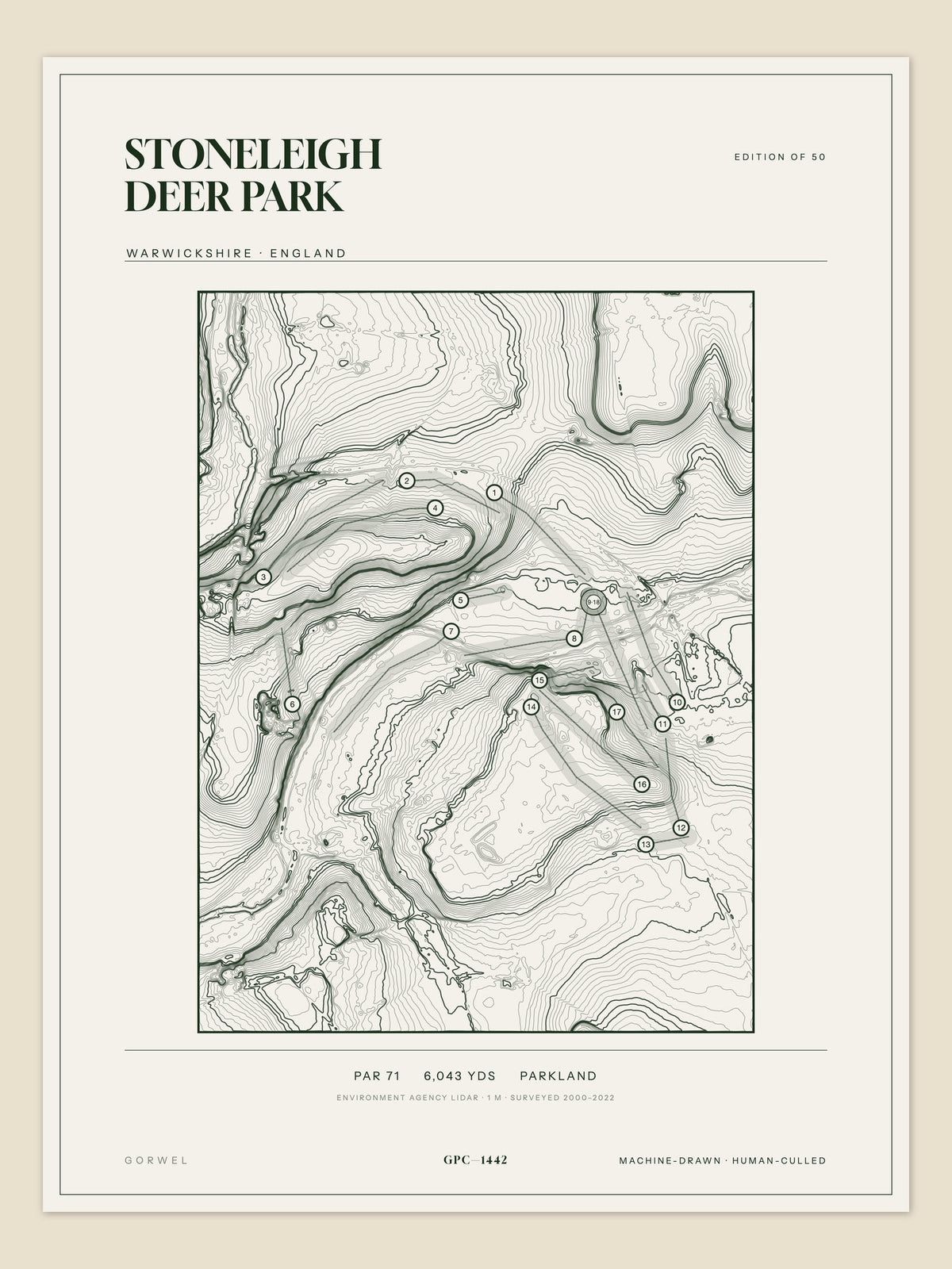 Stoneleigh Deer Park, Warwickshire topographic golf course print