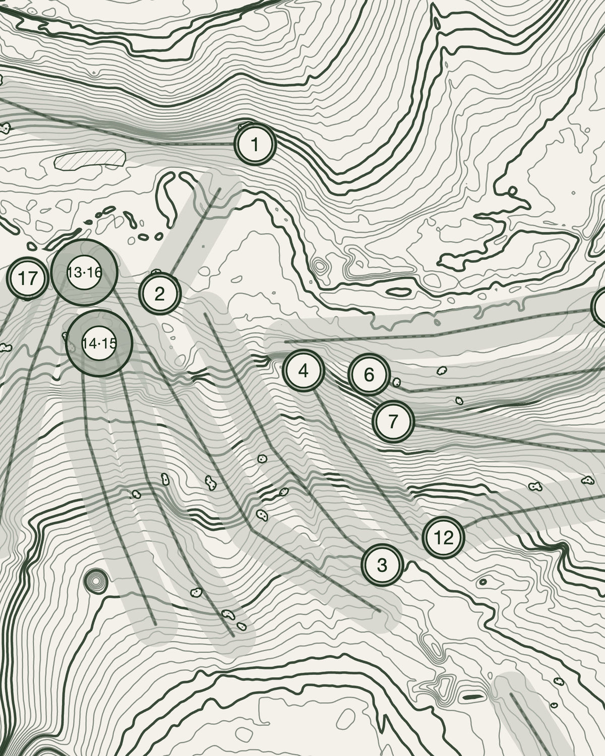 Stowmarket topographic golf course print — contour detail — Gorwel Print Co