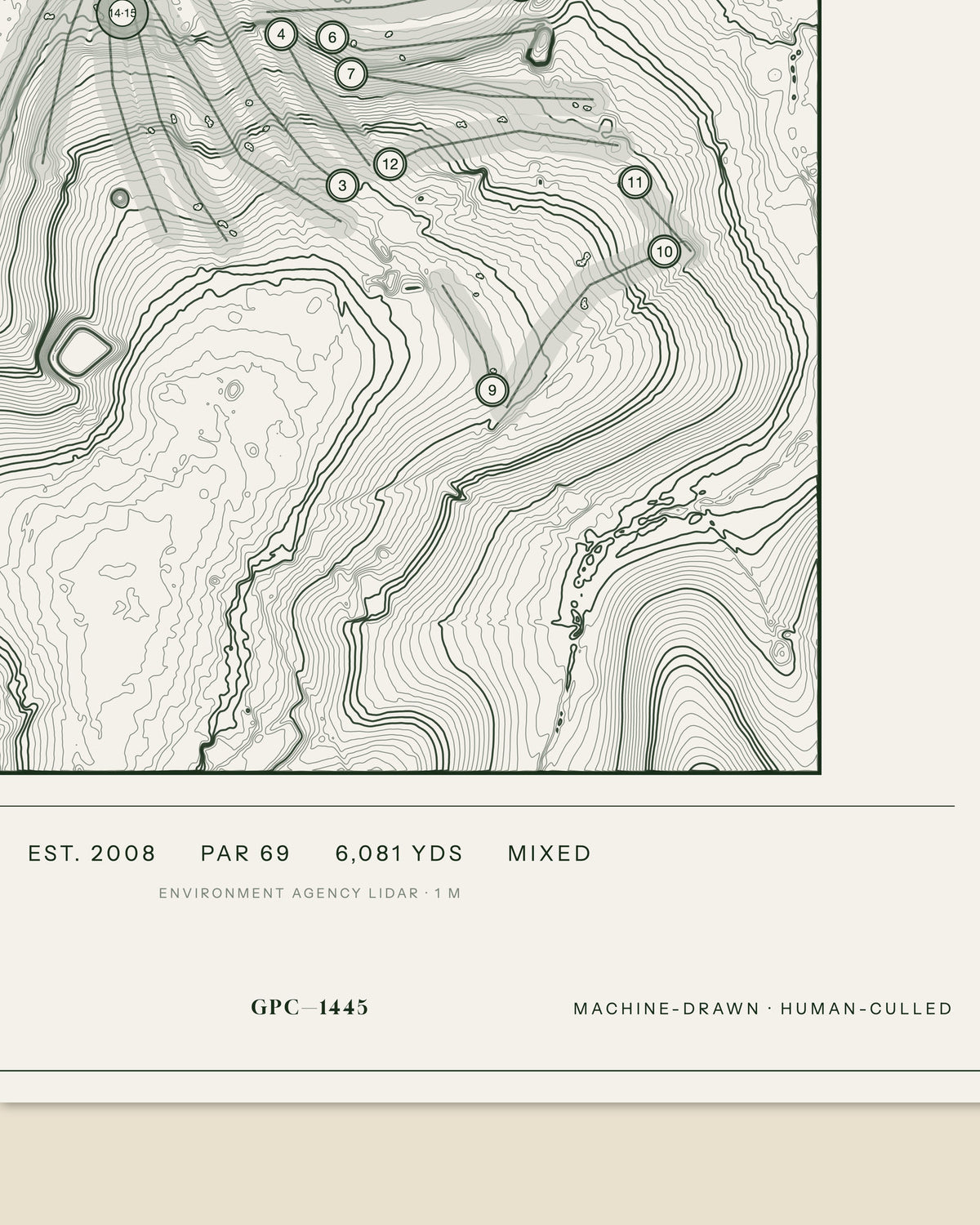 Stowmarket topographic golf course print — data strip and edition mark — Gorwel Print Co