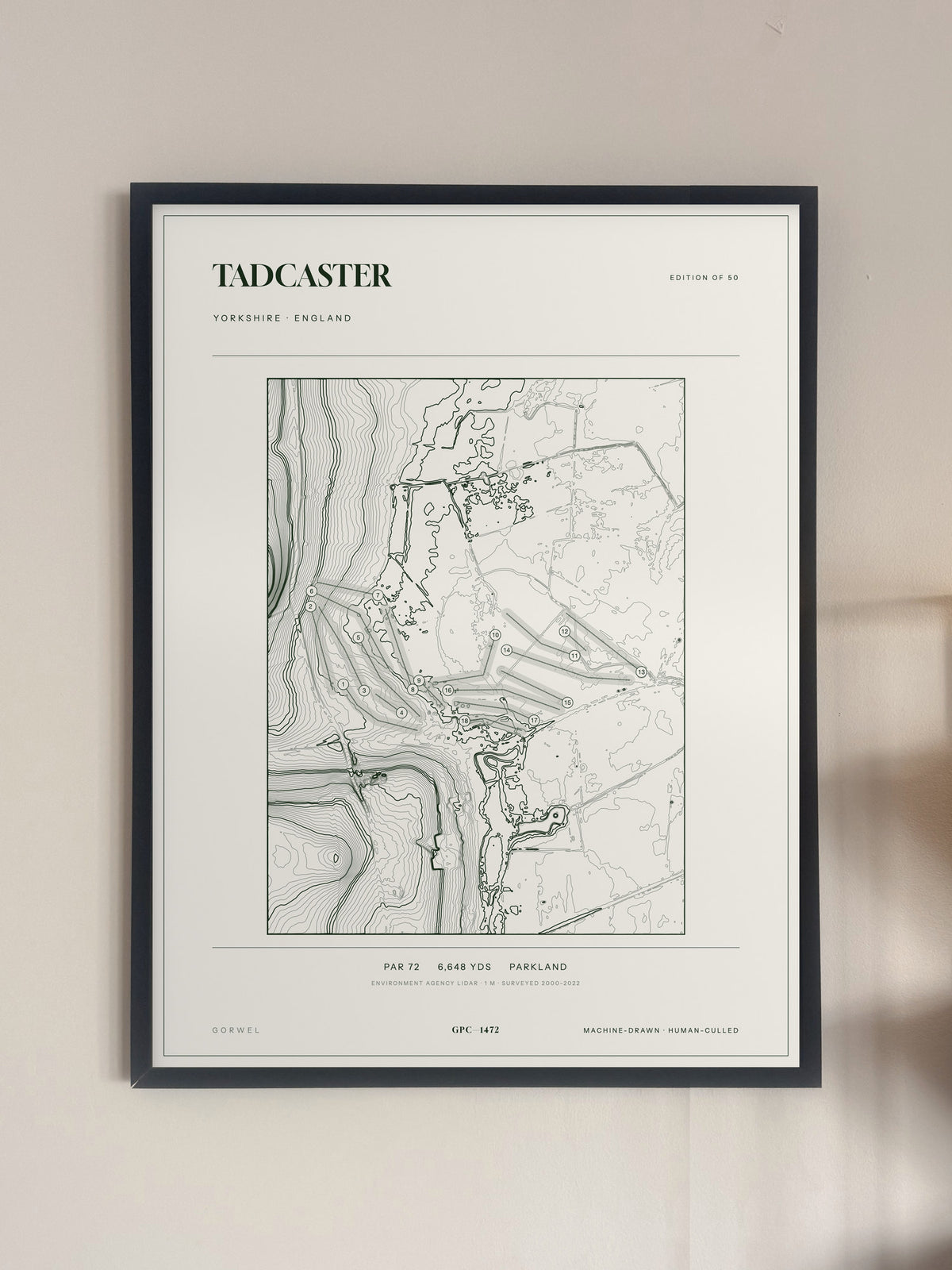 Tadcaster topographic golf course print — framed on a wall — Gorwel Print Co