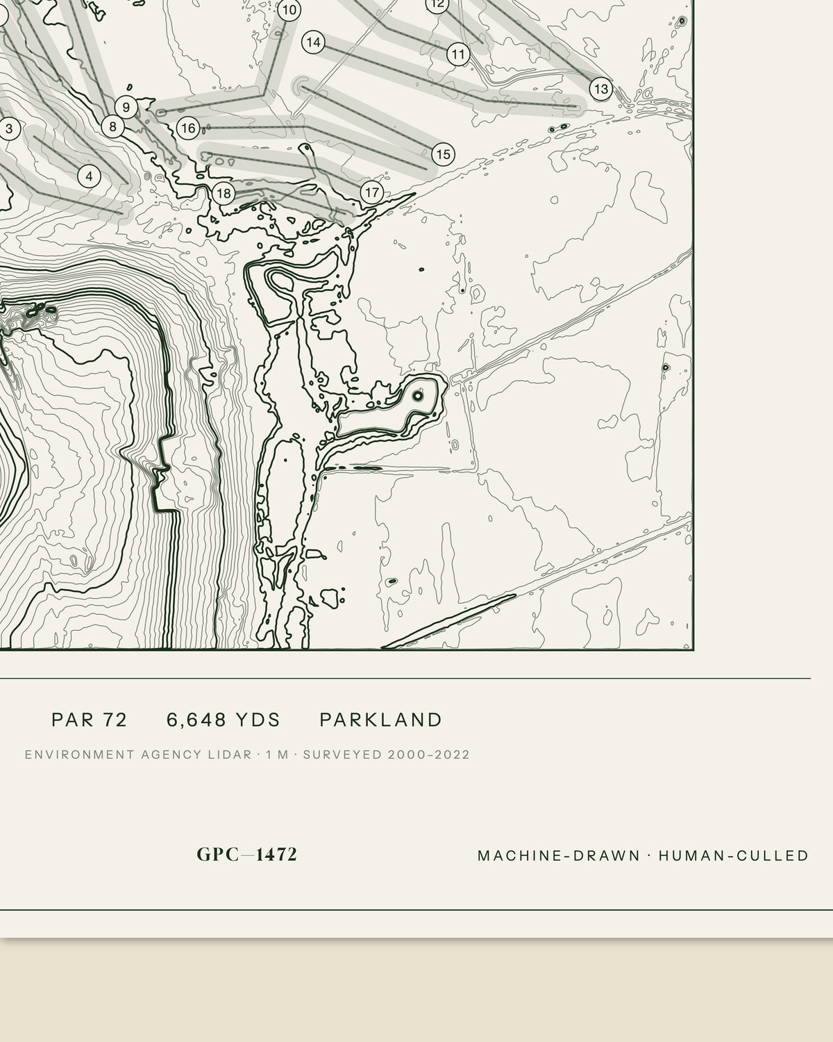 Tadcaster topographic golf course print — data strip and edition mark — Gorwel Print Co