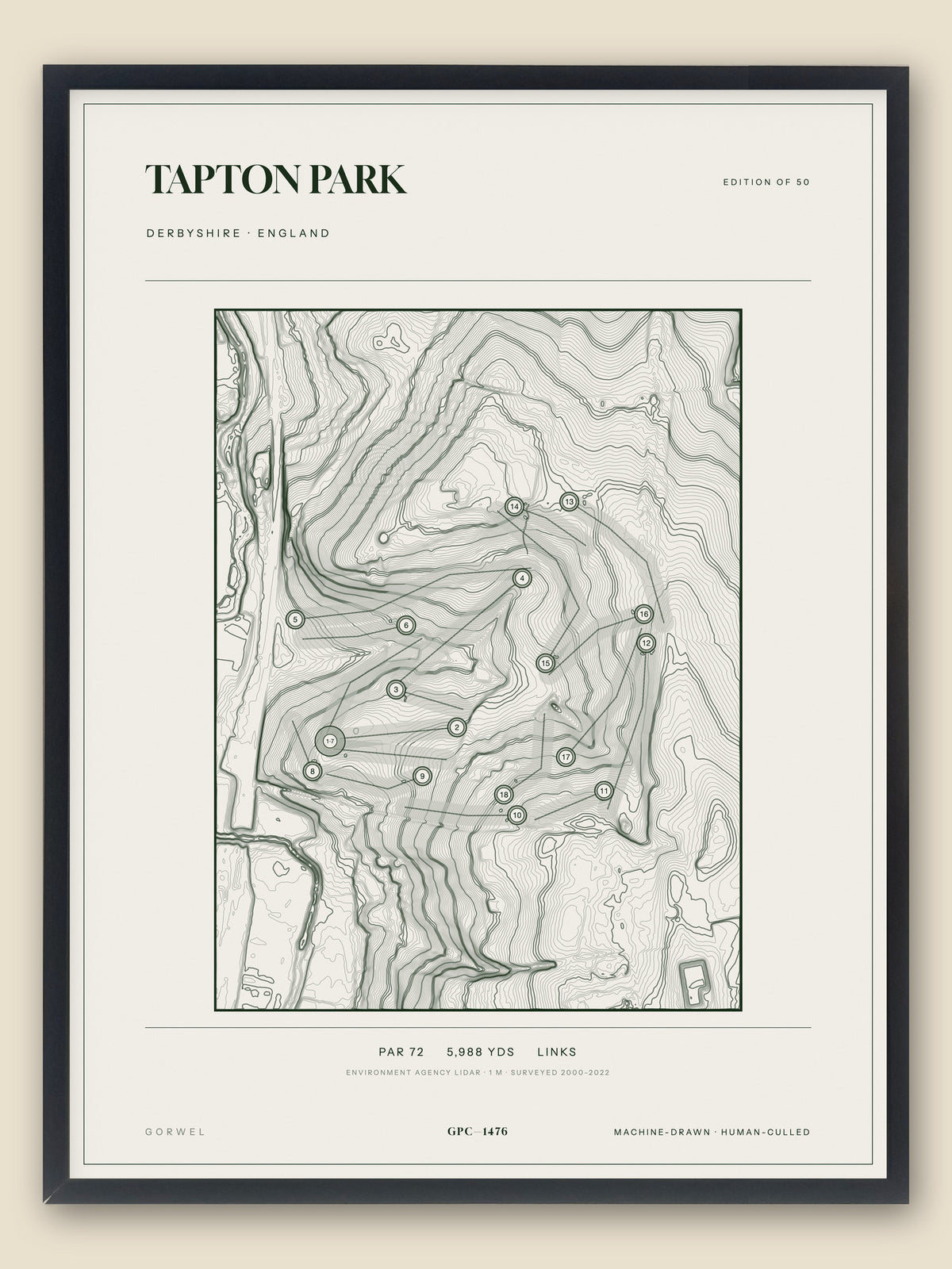 Tapton Park, Derbyshire topographic golf course print, framed — Gorwel Print Co
