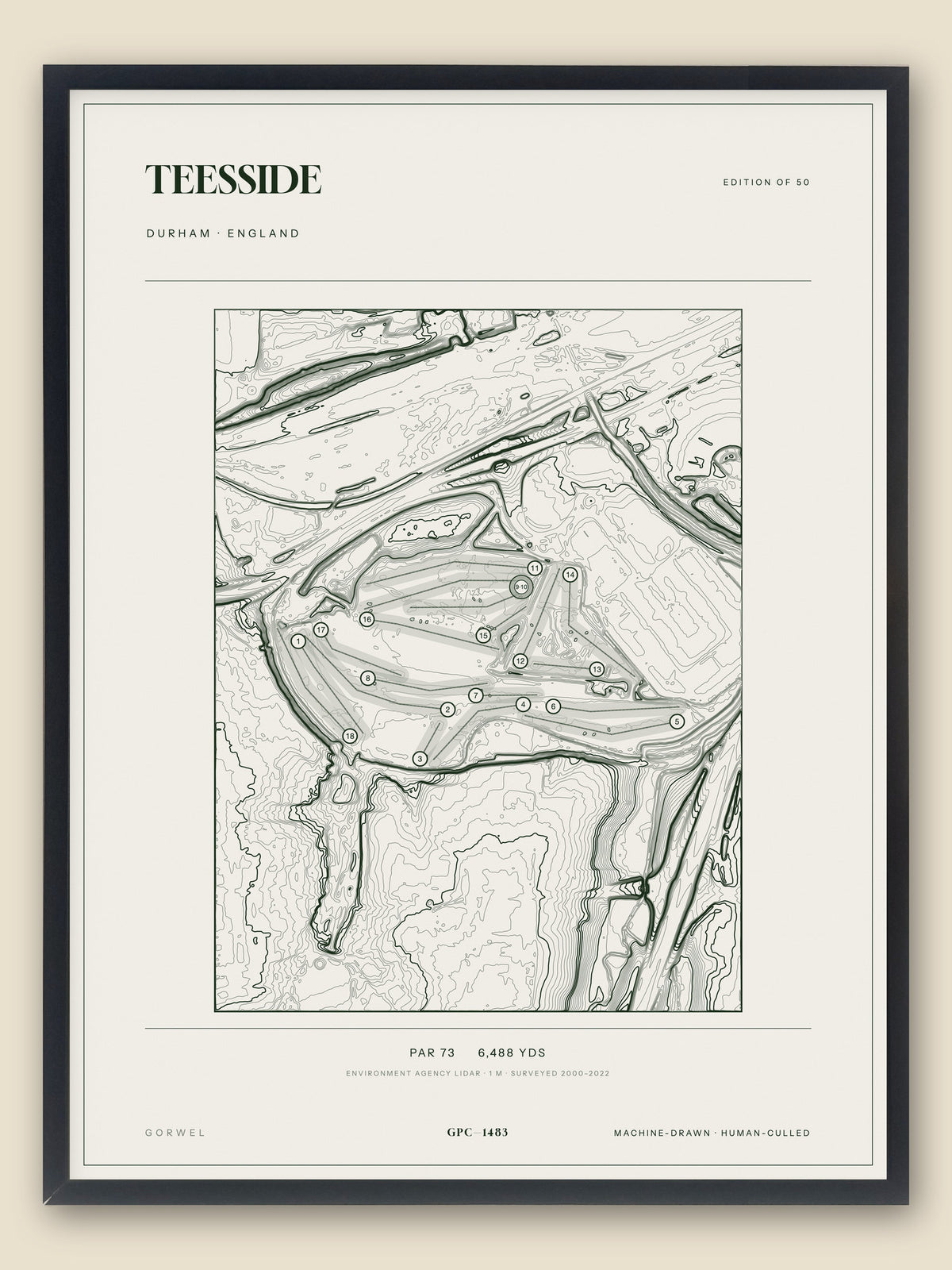 Teesside, Durham topographic golf course print, framed — Gorwel Print Co