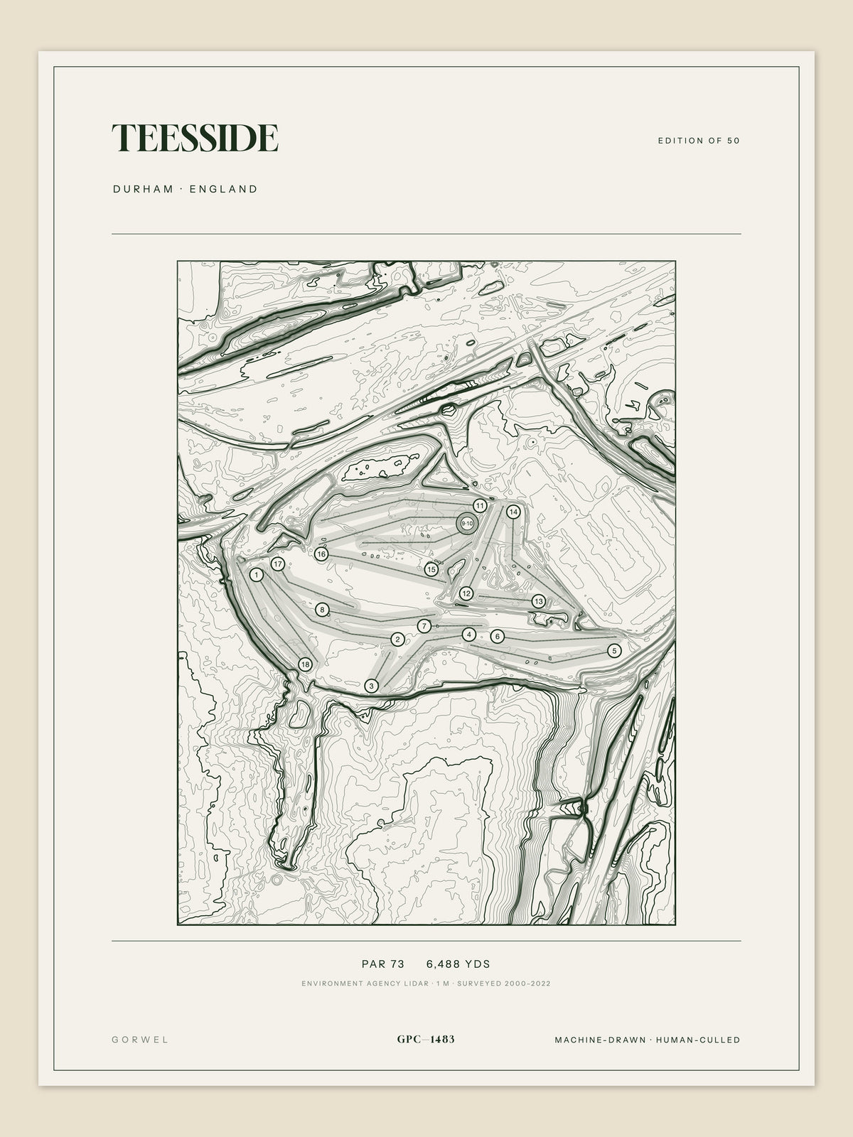 Teesside, Durham topographic golf course print