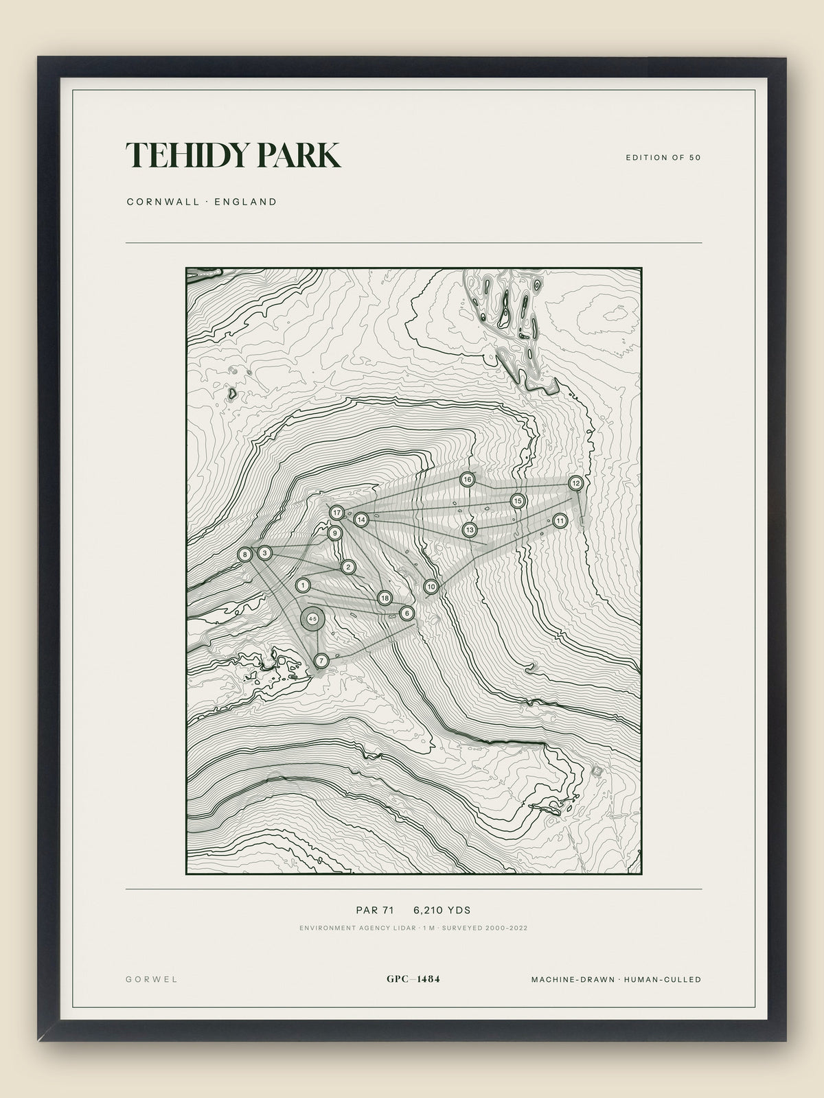 Tehidy Park, Cornwall topographic golf course print, framed — Gorwel Print Co