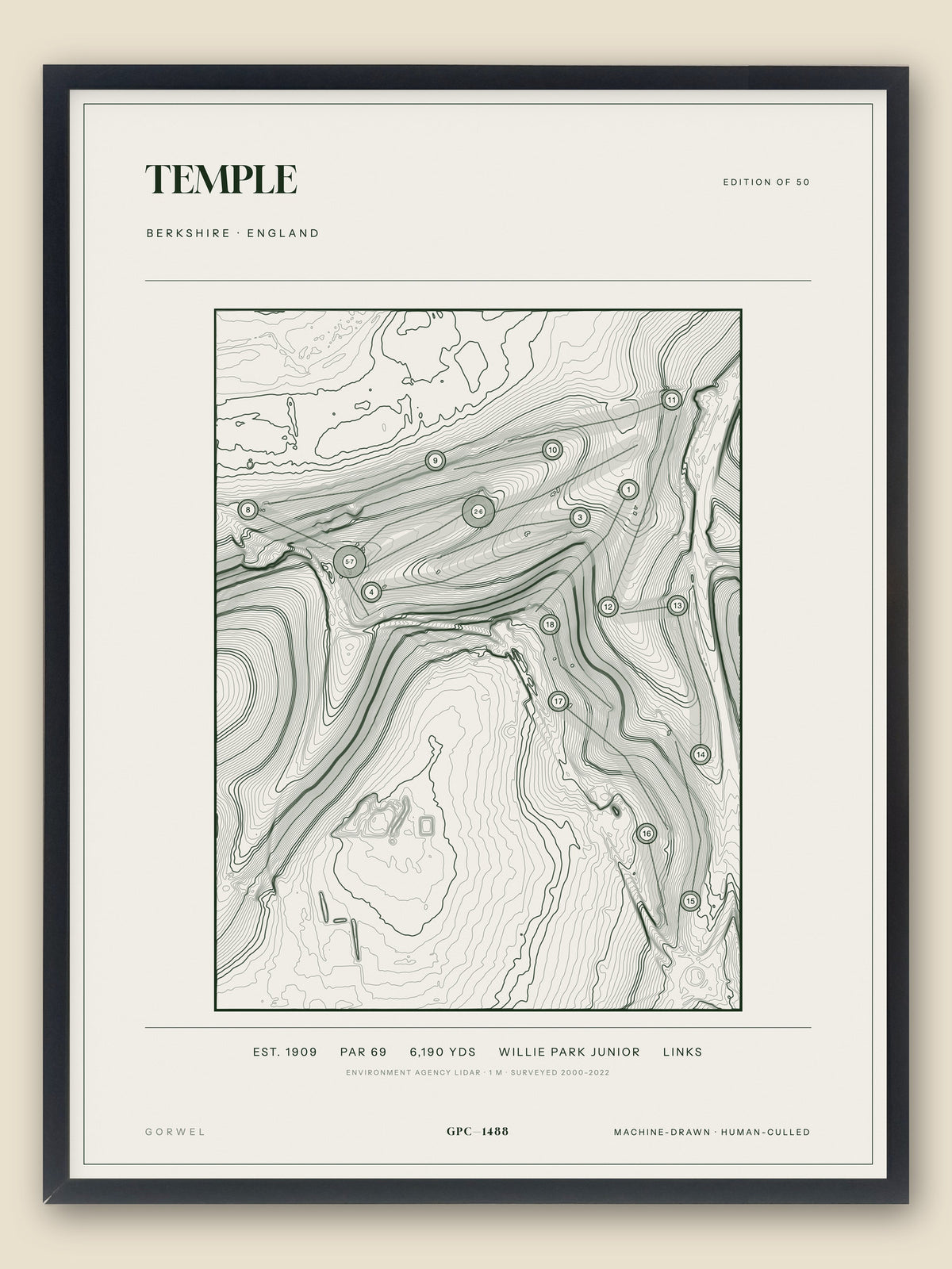 Temple, Berkshire topographic golf course print, framed — Gorwel Print Co