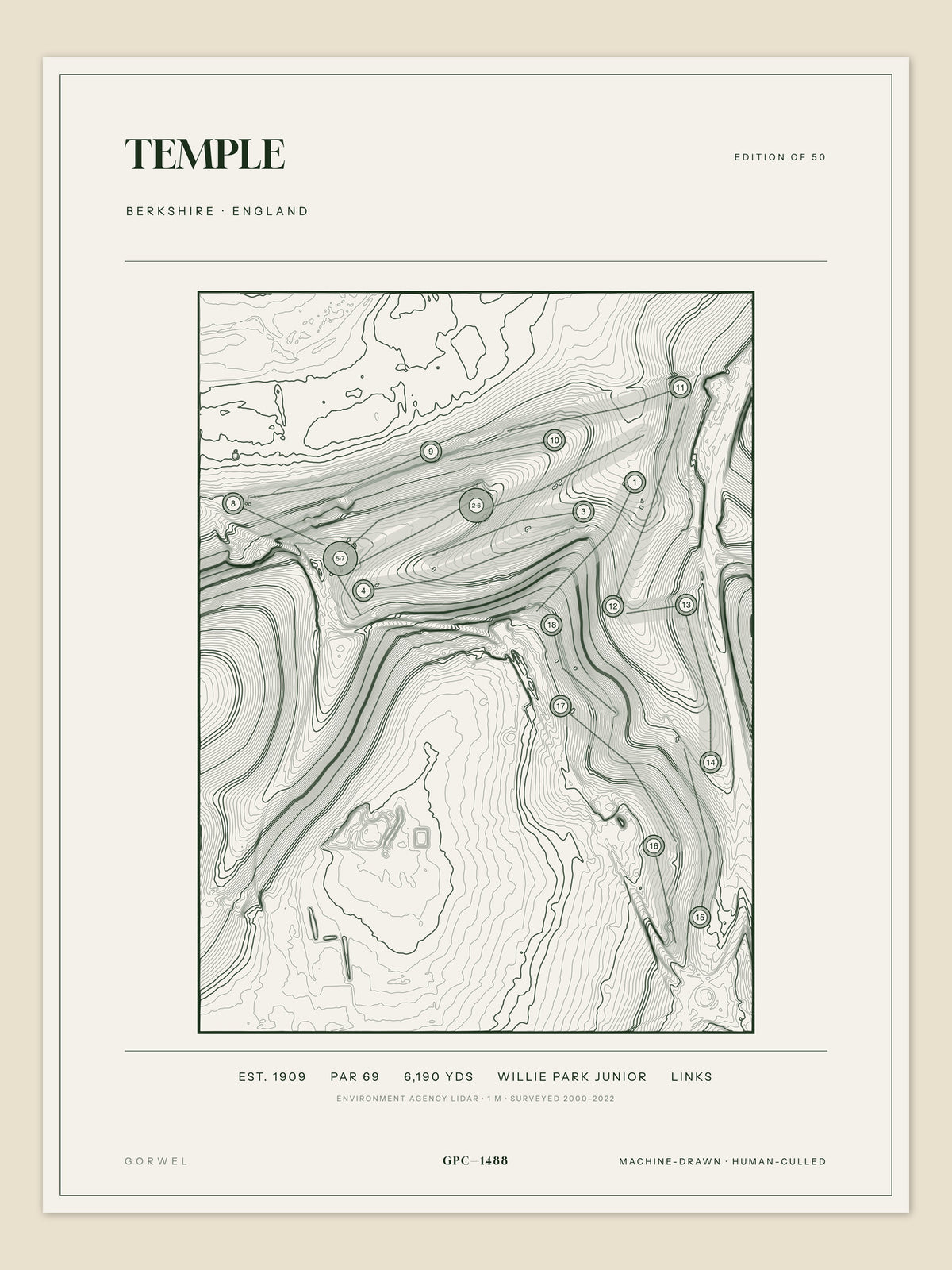 Temple, Berkshire topographic golf course print
