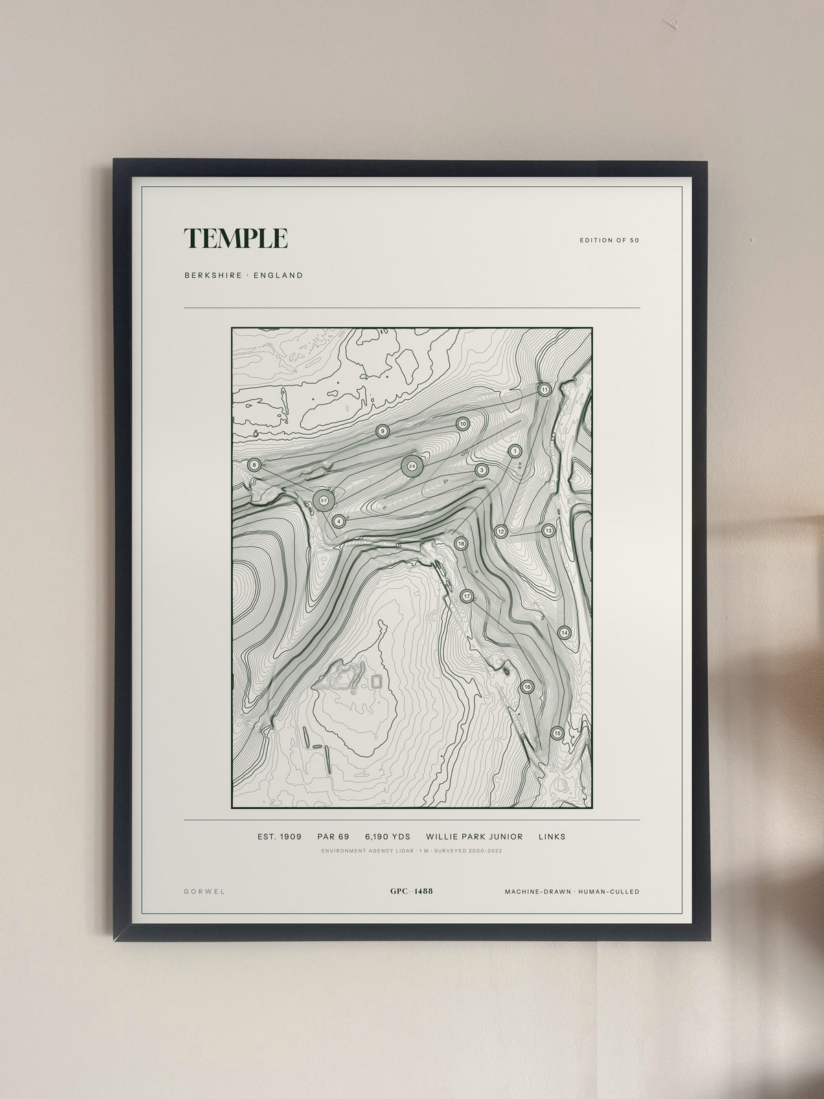 Temple, Berkshire print, framed, on a wall