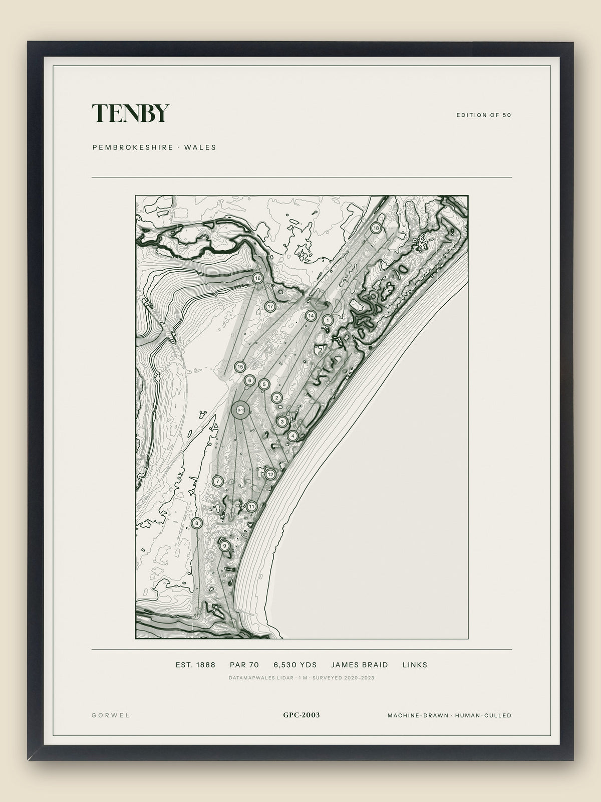 Tenby, Pembrokeshire topographic golf course print, framed — Gorwel Print Co