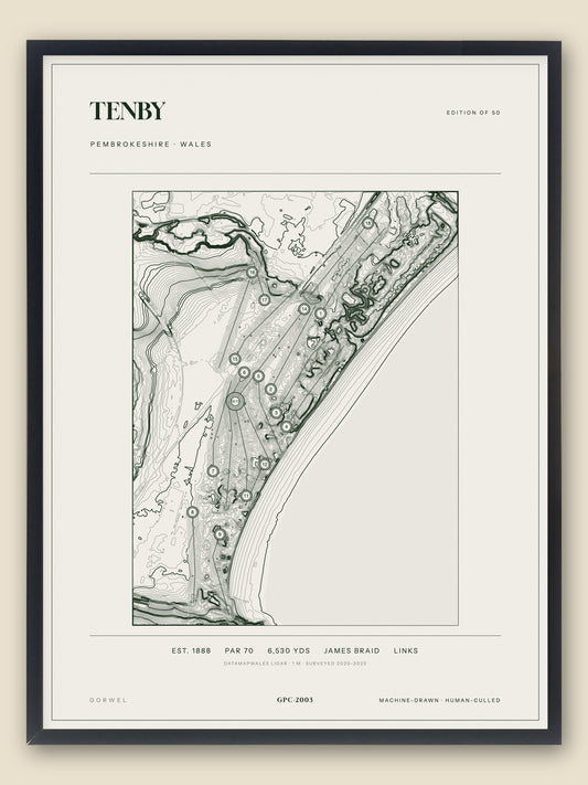 Tenby, Pembrokeshire topographic golf course print, framed — Gorwel Print Co