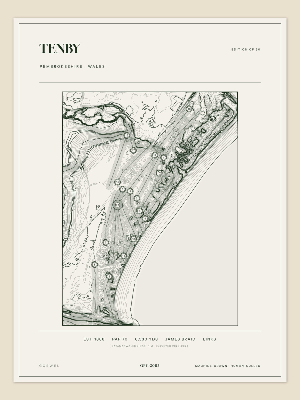 Tenby, Pembrokeshire topographic golf course print