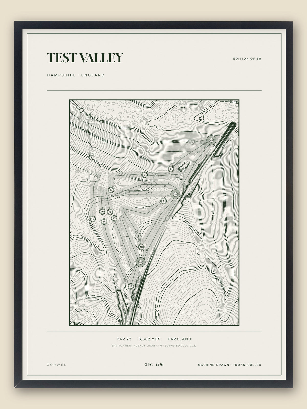 Test Valley, Hampshire topographic golf course print, framed — Gorwel Print Co