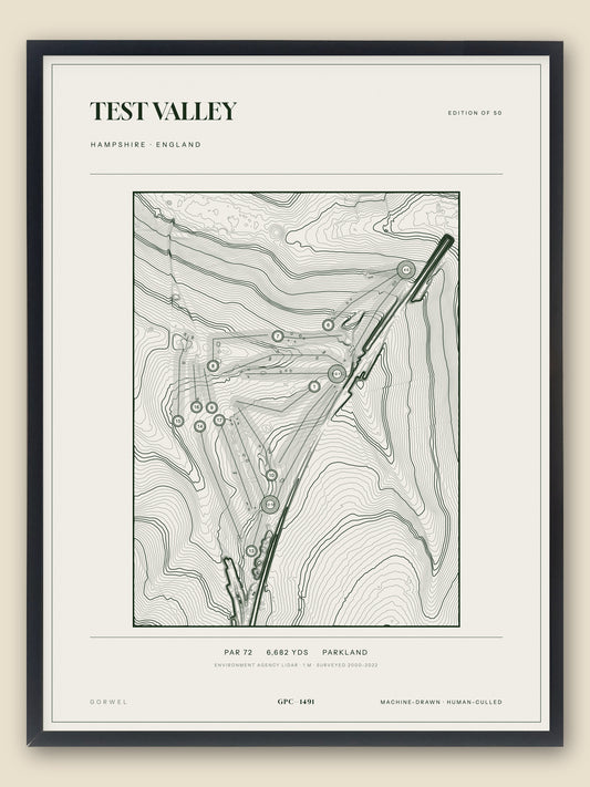 Test Valley, Hampshire topographic golf course print, framed — Gorwel Print Co