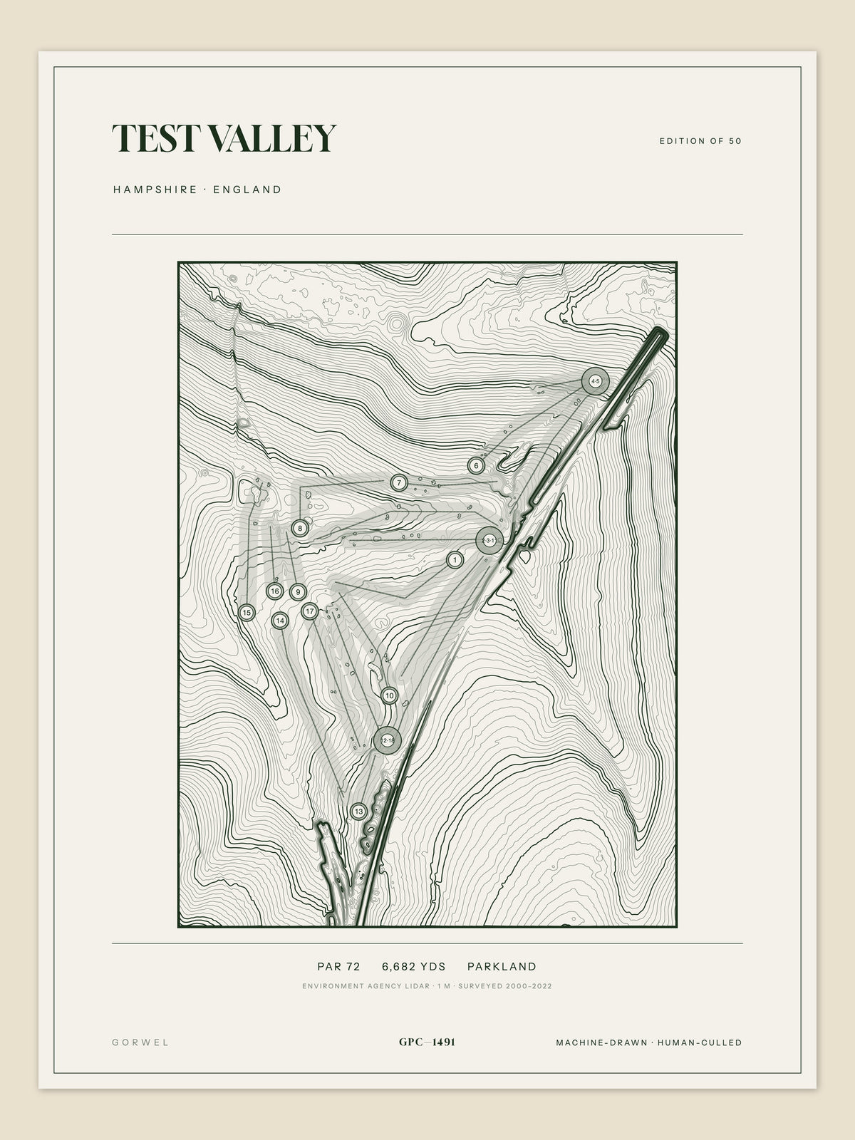 Test Valley, Hampshire topographic golf course print