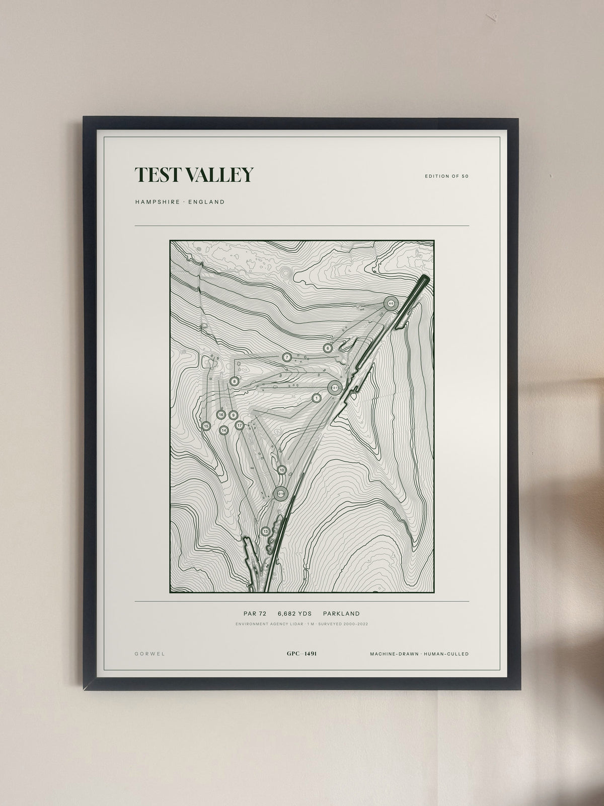 Test Valley, Hampshire print, framed, on a wall