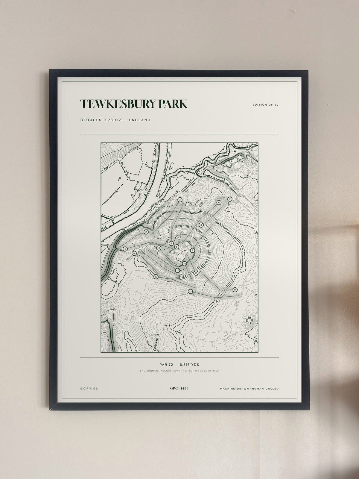 Tewkesbury Park topographic golf course print — framed on a wall — Gorwel Print Co