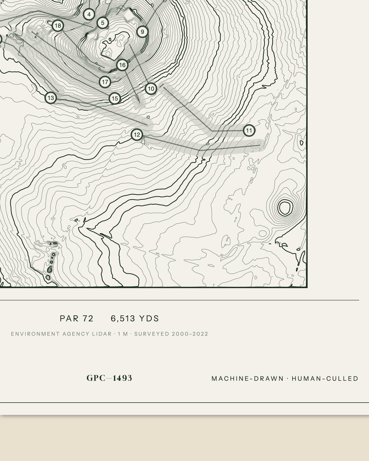 Tewkesbury Park topographic golf course print — data strip and edition mark — Gorwel Print Co
