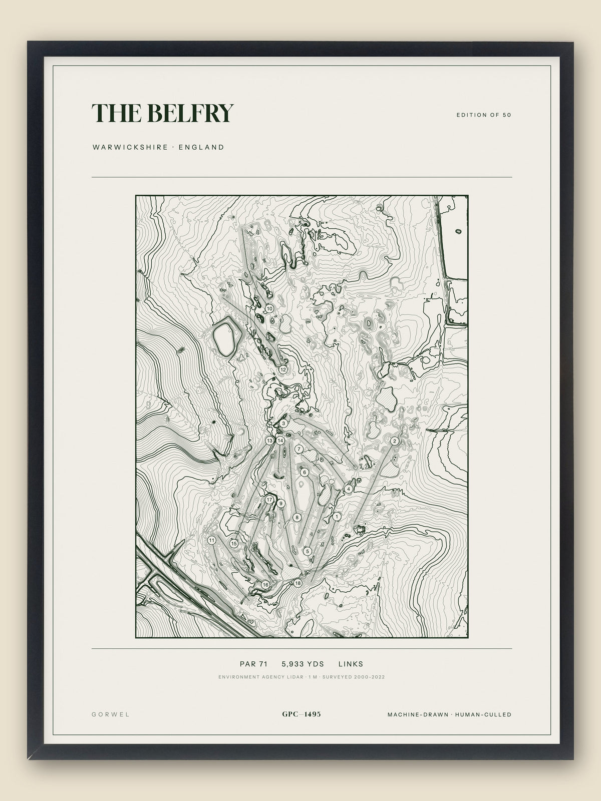 The Belfry, Warwickshire topographic golf course print, framed — Gorwel Print Co
