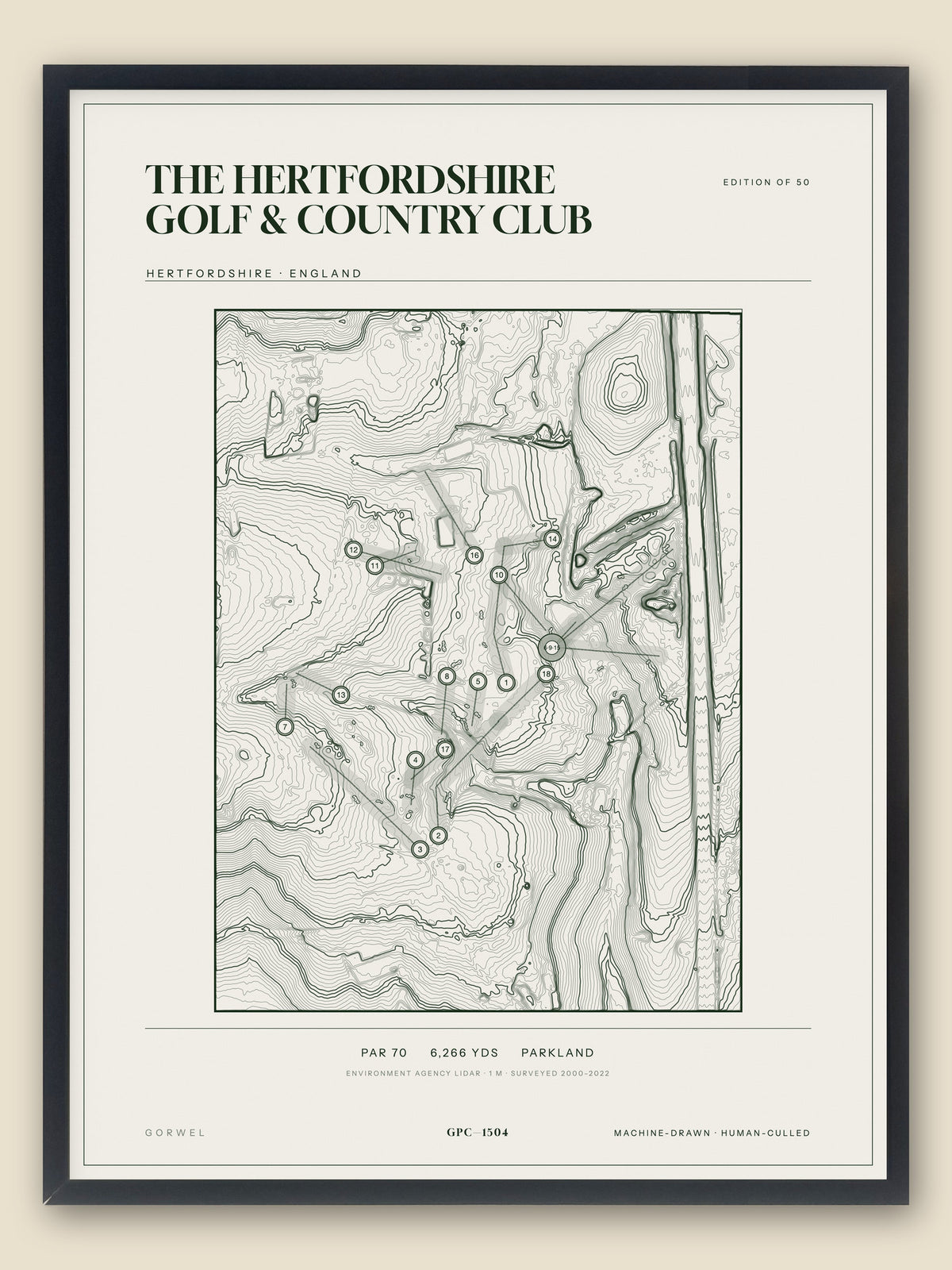 The Hertfordshire Golf & Country Club, Hertfordshire topographic golf course print, framed — Gorwel Print Co